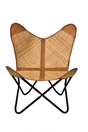 Justa Plus Bamboo Butterfly Chair - Canvas Leather Mixture Seat With Iron Stand