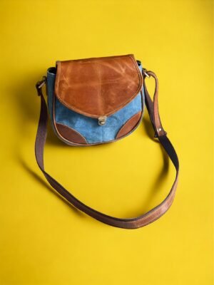 Elegant Dual-Tone Leather Sling Bag: Brown & Blue Chic Accessory